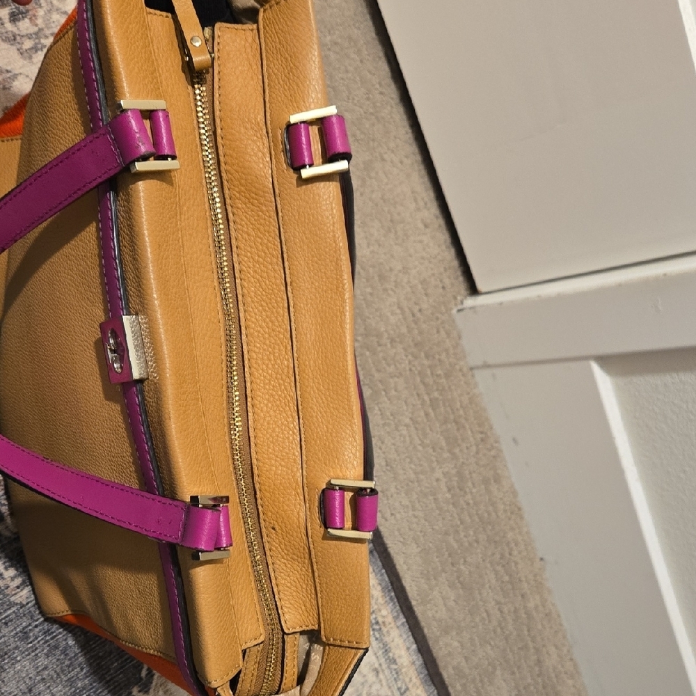 Kate Spade Colorblock Leather Tote Orange Pink Tan Shoulder Work Bag Spring - Picture 6 of 10